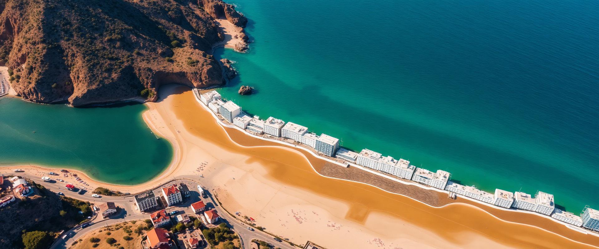 Aerial view of the Spanish coastline with turquoise sea and golden beaches