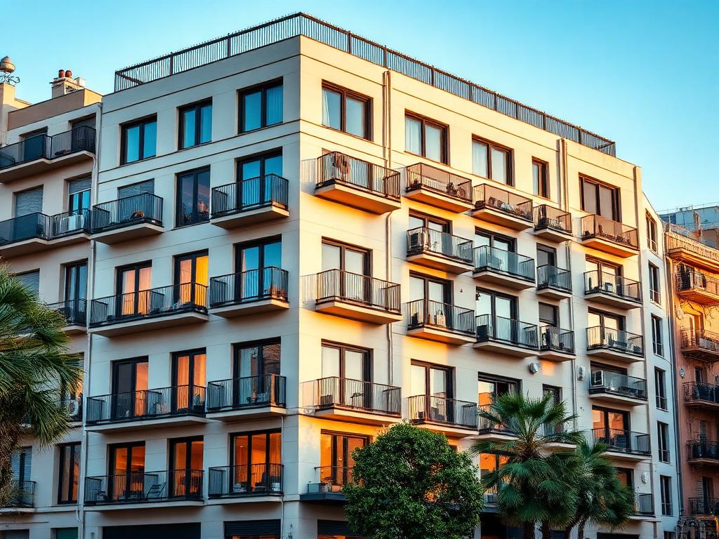 Modern luxury apartment building in Barcelona at golden hour